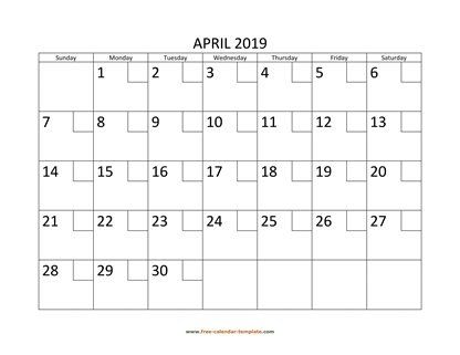 april 2019 calendar checkboxes horizontal