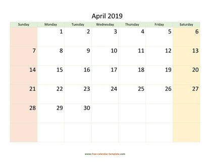 april 2019 calendar colored horizontal