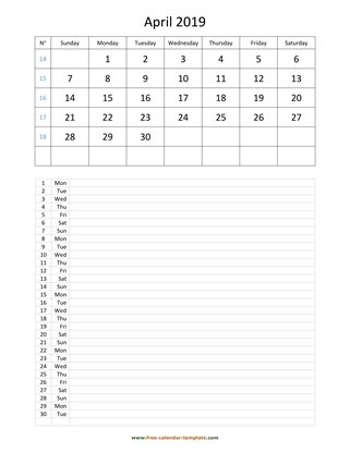 april 2019 calendar daily notes vertical