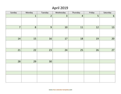 april 2019 calendar daycolored horizontal