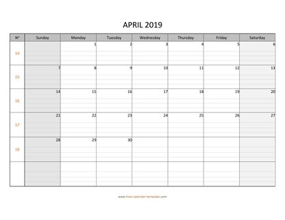 april 2019 calendar daygrid horizontal