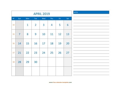 april 2019 calendar largenotes horizontal
