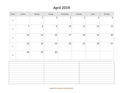 april 2019 calendar notes horizontal