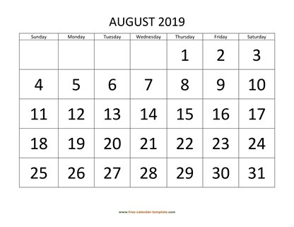 august 2019 calendar bigfont horizontal