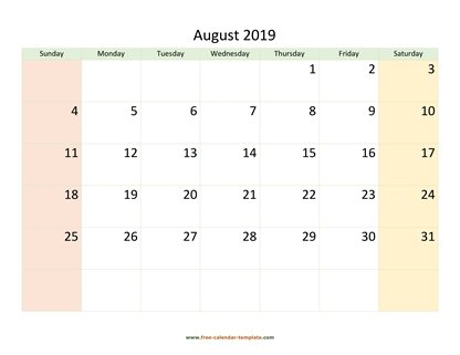 august 2019 calendar colored horizontal