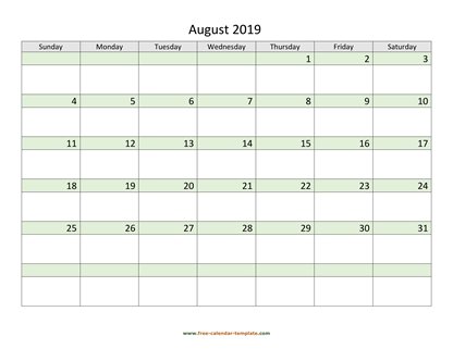 august 2019 calendar daycolored horizontal