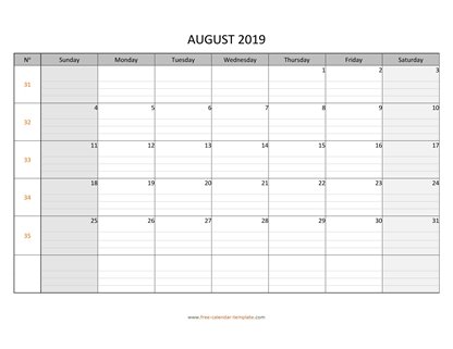 august 2019 calendar daygrid horizontal
