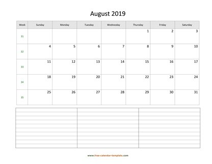 august 2019 calendar notes horizontal