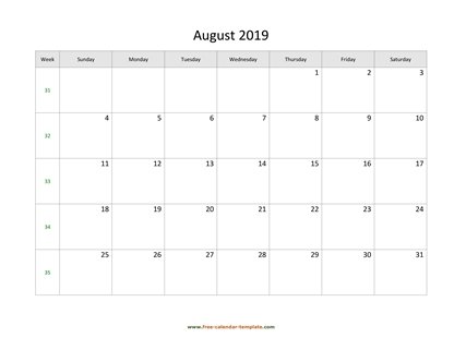 august 2019 calendar simple horizontal