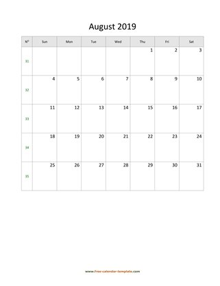 august 2019 calendar simple vertical