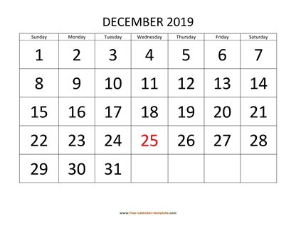december 2019 calendar bigfont horizontal