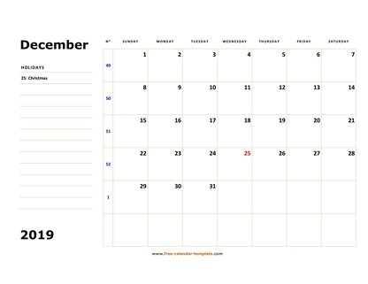 december 2019 calendar boxnotes horizontal