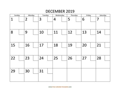 december 2019 calendar checkboxes horizontal