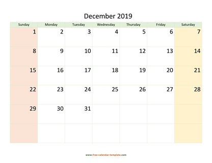 december 2019 calendar colored horizontal