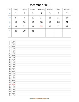 december 2019 calendar daily notes vertical