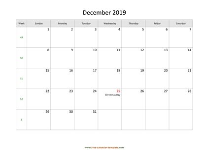 december 2019 calendar holidays horizontal