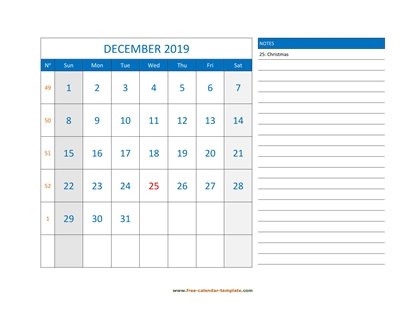 december 2019 calendar largenotes horizontal