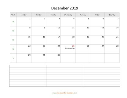 december 2019 calendar notes horizontal
