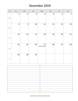 december 2019 calendar notes vertical