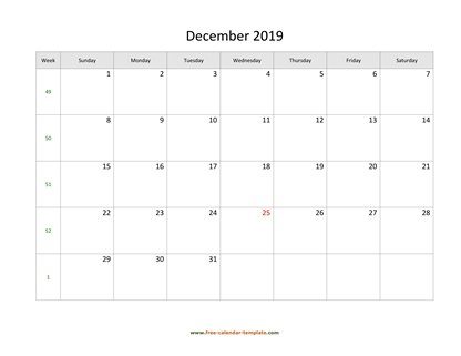 december 2019 calendar simple horizontal