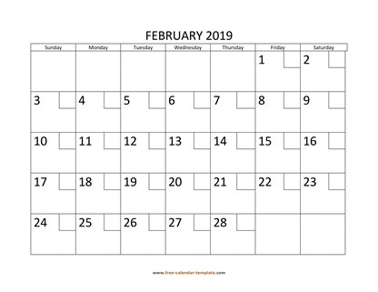february 2019 calendar checkboxes horizontal