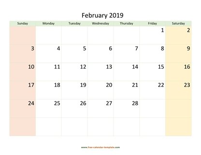 february 2019 calendar colored horizontal
