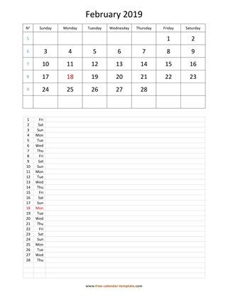 february 2019 calendar daily notes vertical