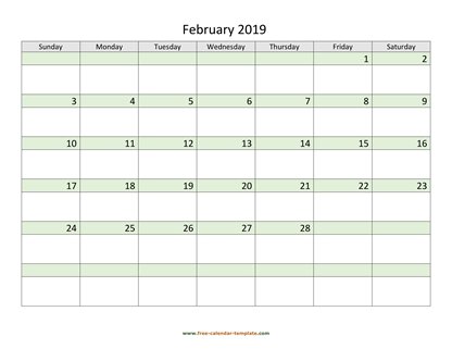 february 2019 calendar daycolored horizontal