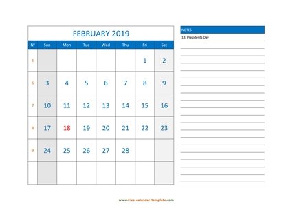 february 2019 calendar largenotes horizontal