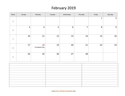 february 2019 calendar notes horizontal