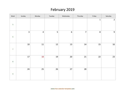 february 2019 calendar simple horizontal