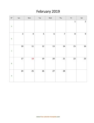 february 2019 calendar simple vertical