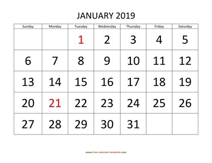 january 2019 calendar bigfont horizontal