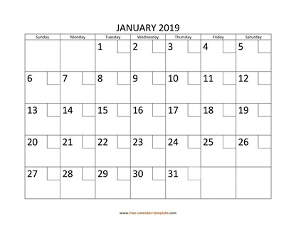 january 2019 calendar checkboxes horizontal