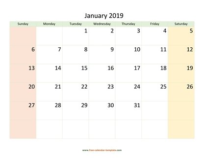 january 2019 calendar colored horizontal