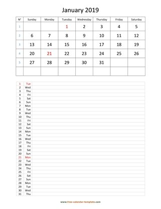 january 2019 calendar daily notes vertical
