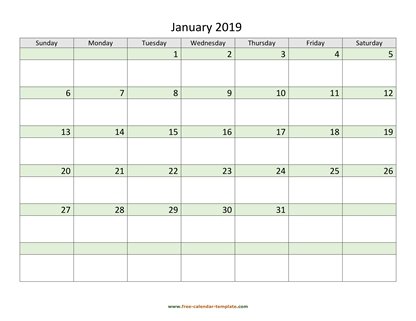 january 2019 calendar daycolored horizontal
