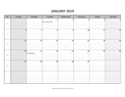 january 2019 calendar daygrid horizontal
