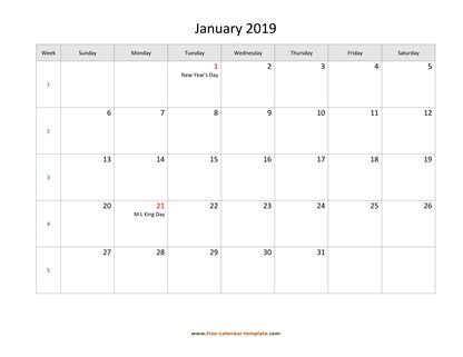 january 2019 calendar holidays horizontal