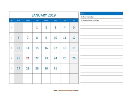 january 2019 calendar largenotes horizontal