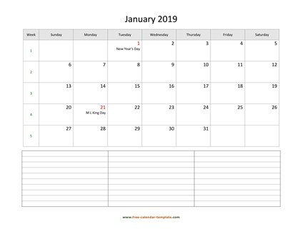 january 2019 calendar notes horizontal