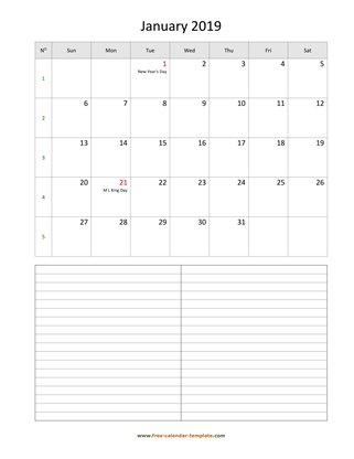 january 2019 calendar notes vertical