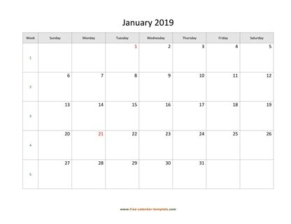 january 2019 calendar simple horizontal