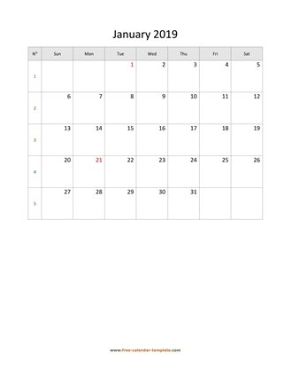 january 2019 calendar simple vertical