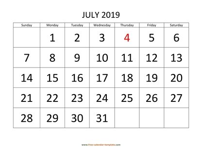 july 2019 calendar bigfont horizontal