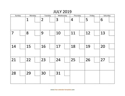 july 2019 calendar checkboxes horizontal