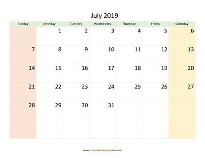july 2019 calendar colored horizontal