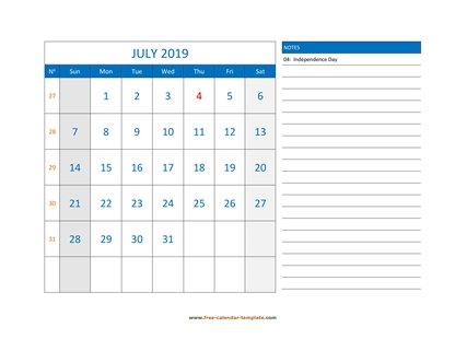 july 2019 calendar largenotes horizontal