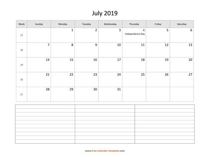 july 2019 calendar notes horizontal