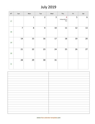 july 2019 calendar notes vertical